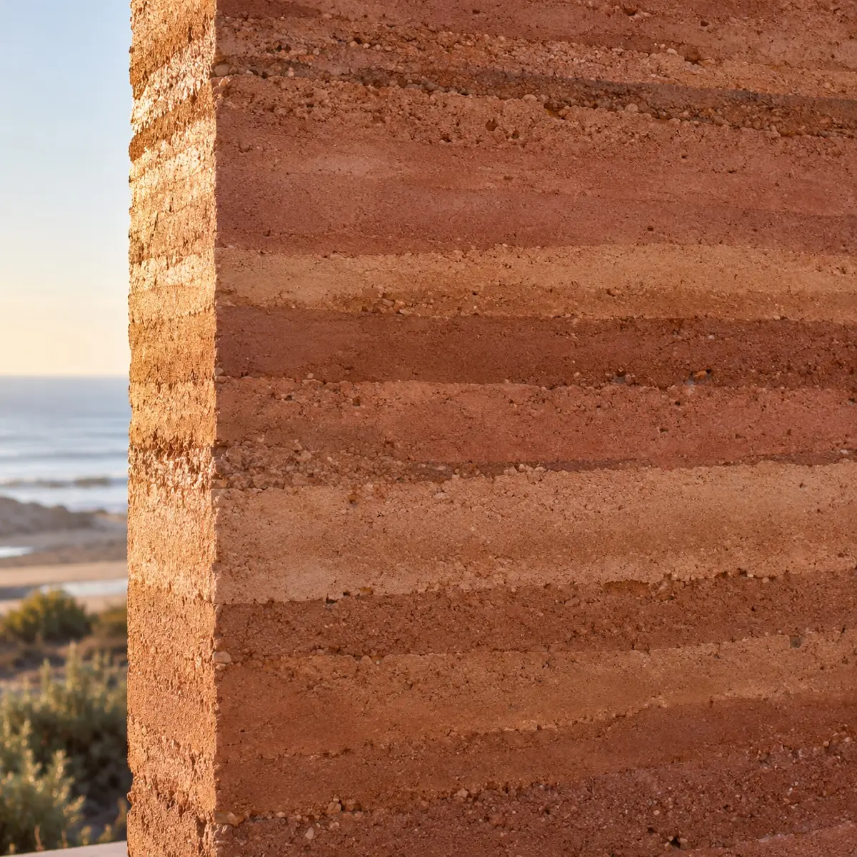 A fresh rammed-earth wall