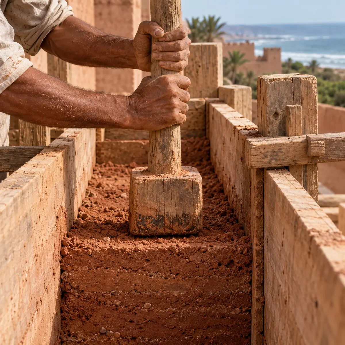 A wooden rammer pressing earth into a timber frame