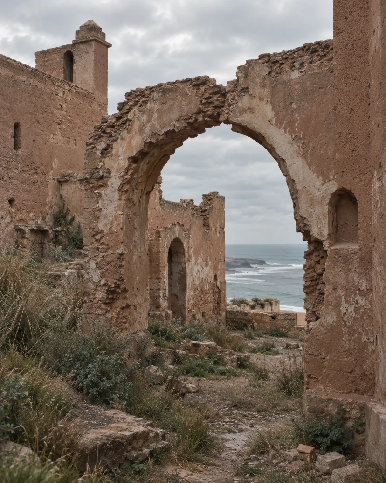 The kasbah walls before restoration, weathered earth, wild grass and a broken arch