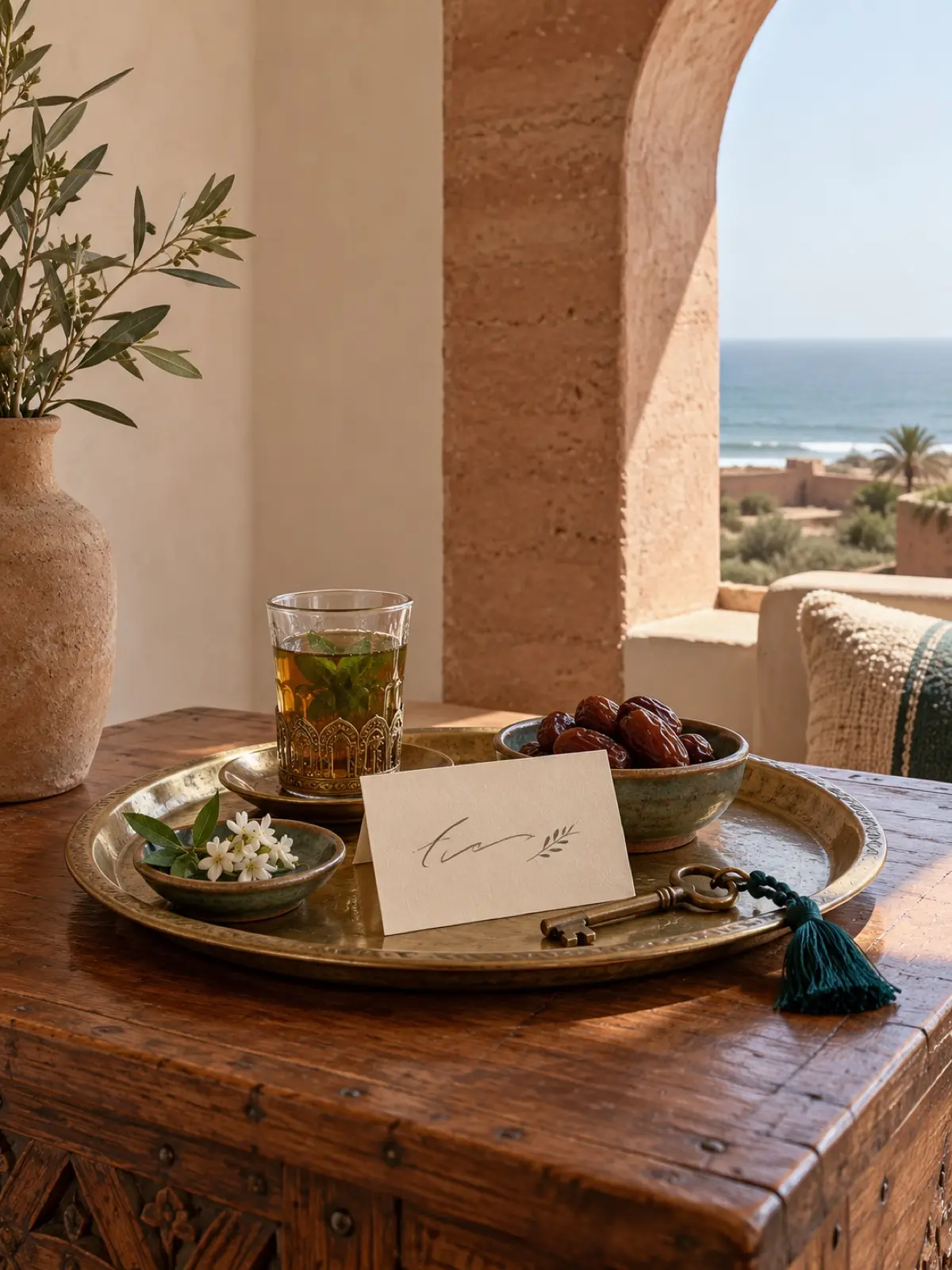 A welcome tray with mint tea, dates and an old brass key by an arched window