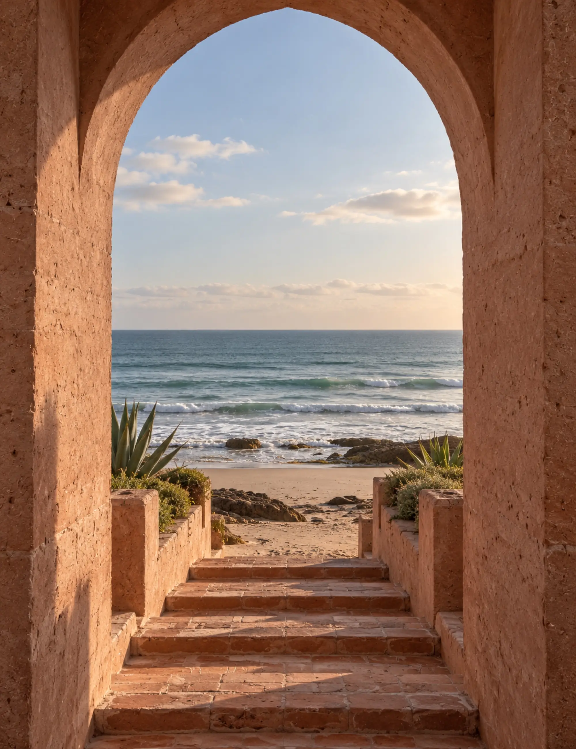 The Atlantic seen through a tall arch in the earthen wall, worn steps leading down to the sand