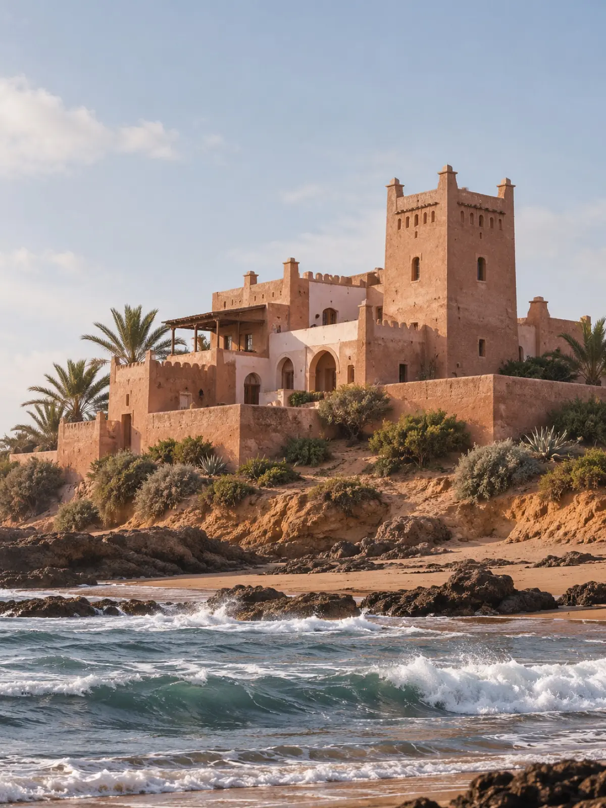 The kasbah on its bluff above the beach, the sea in the foreground