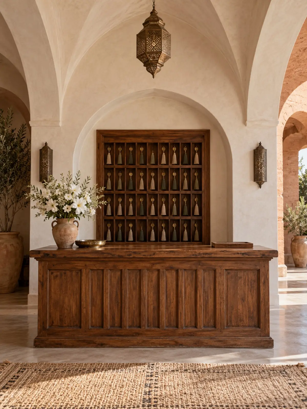 The reception: a cedar desk under a vaulted ceiling and a board of old brass keys