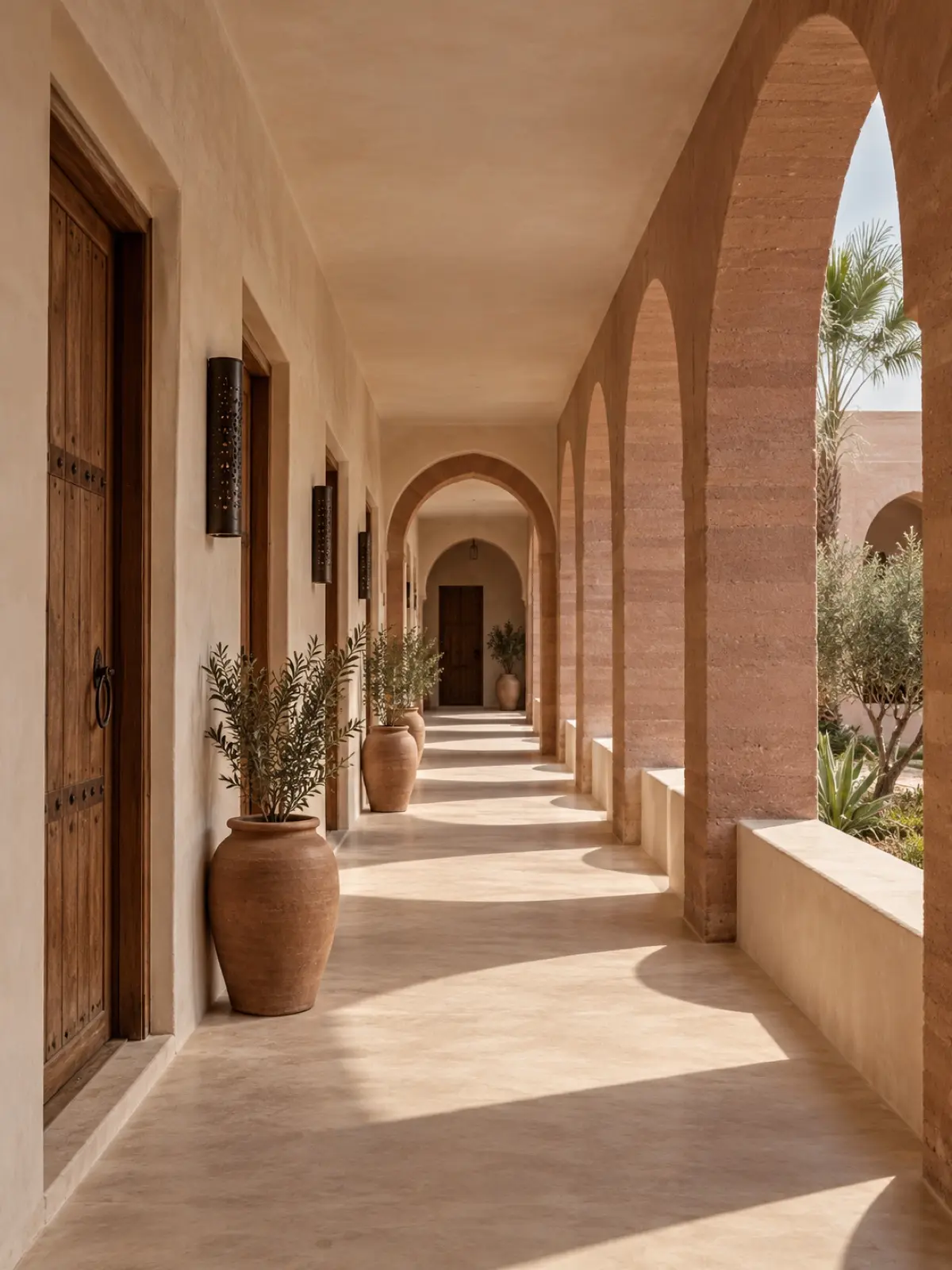 A gallery of arches along a courtyard, doors to the rooms on one side