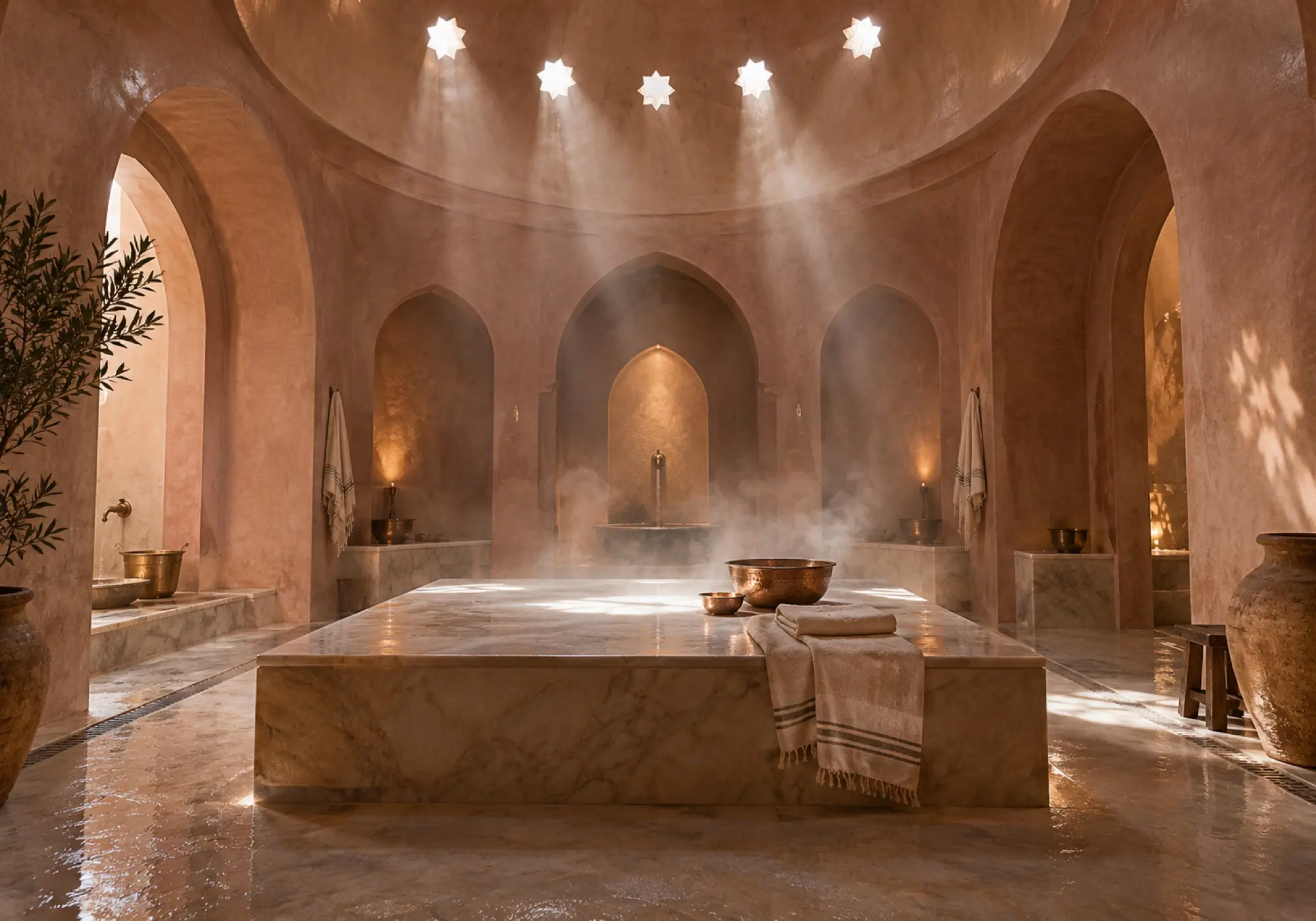 A vaulted hammam with light falling in shafts through star-shaped openings