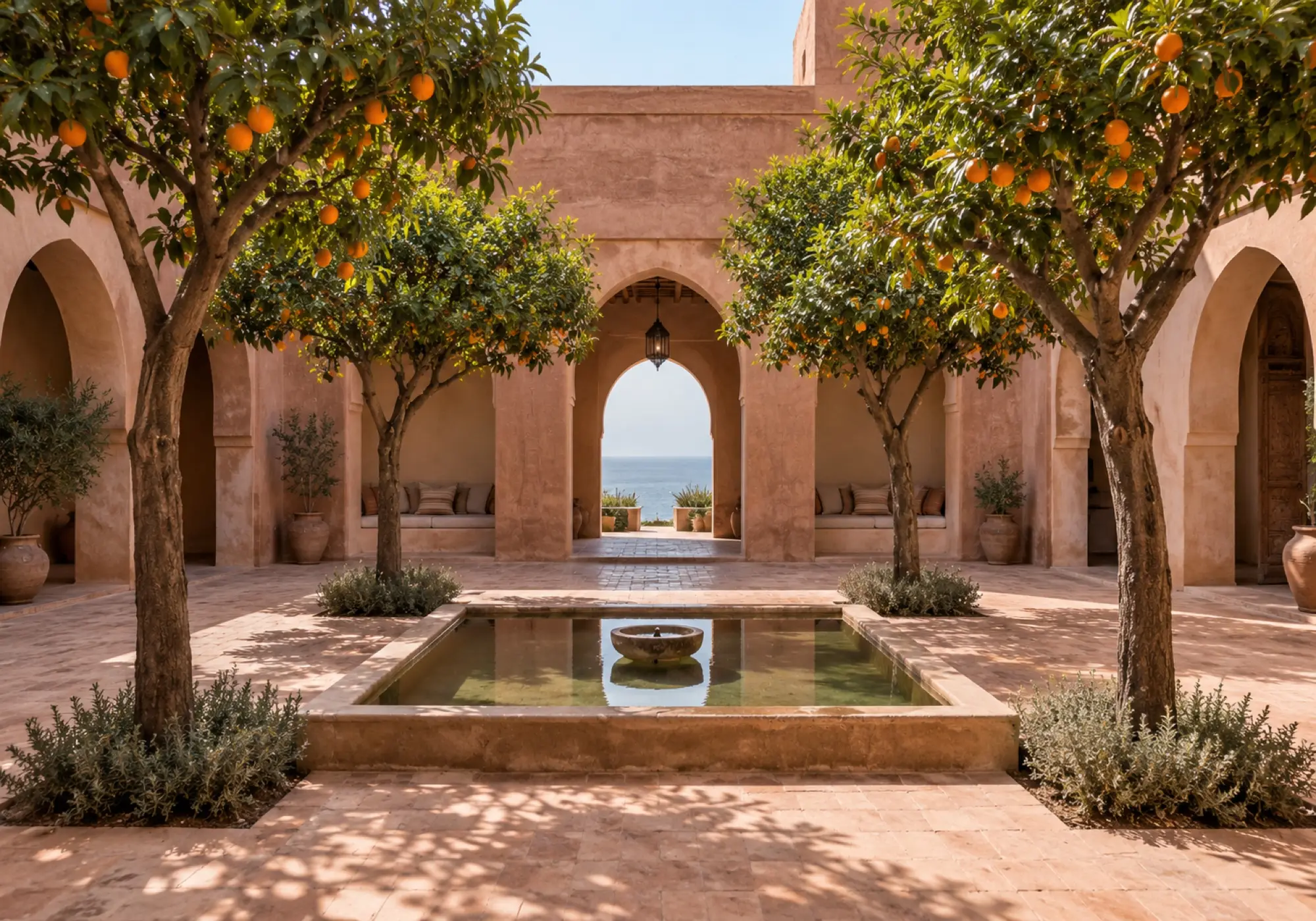 Four orange trees around a stone basin, earthen walls with arched doorways