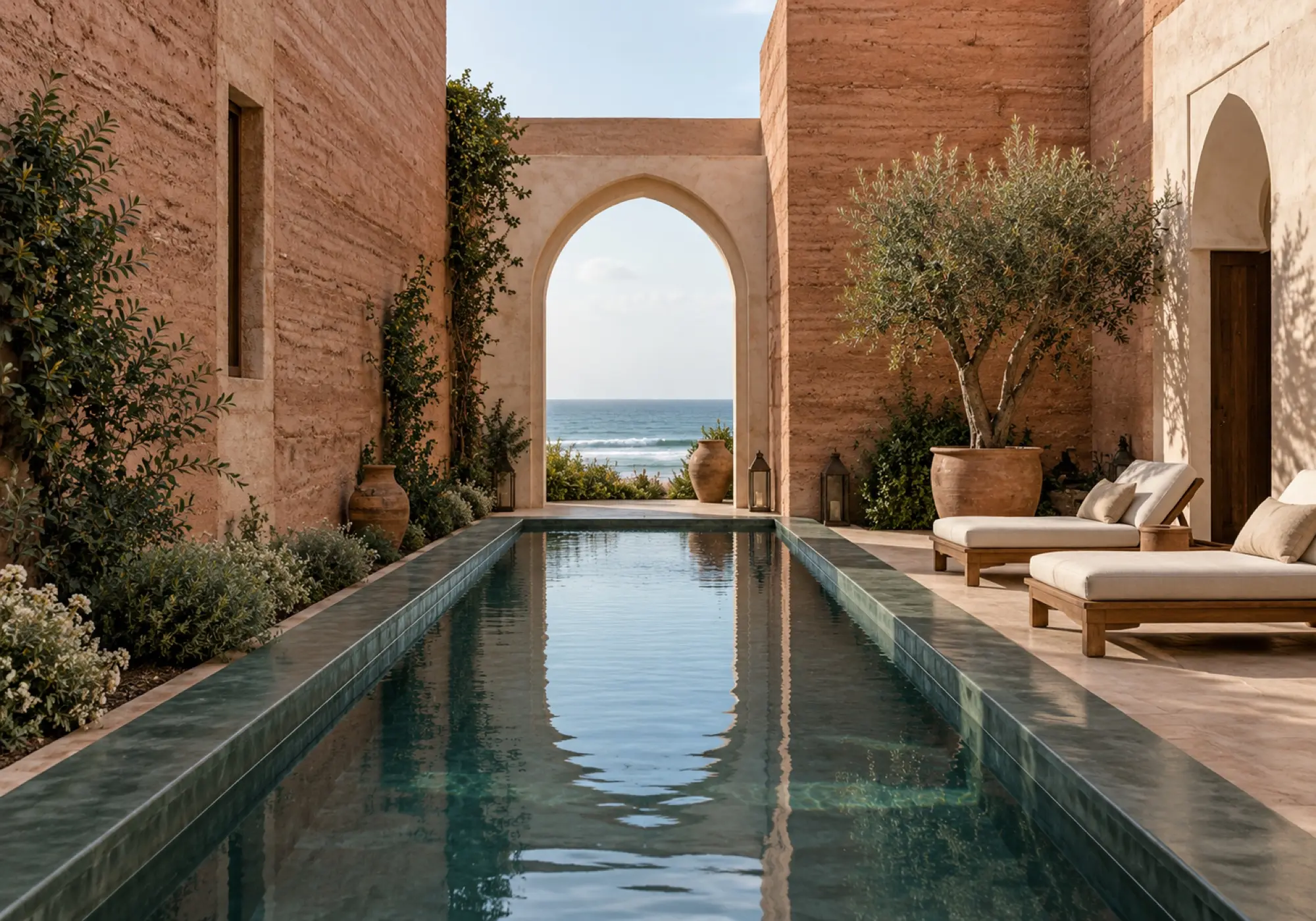A long narrow pool in dark green tadelakt between pisé walls, an arch open to the sea