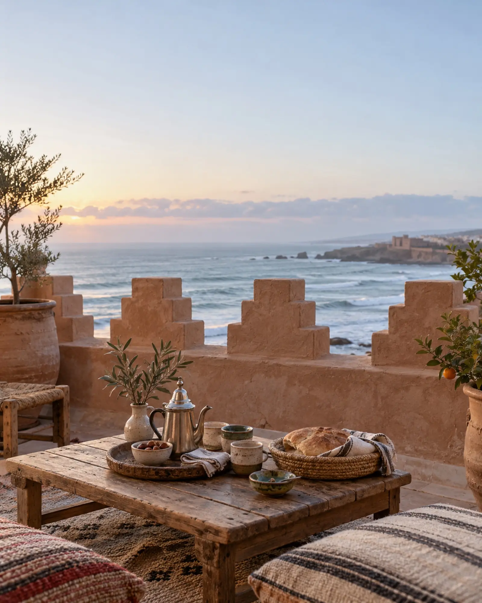 Coffee and bread on the roof terrace at dawn, the ocean beyond the parapet