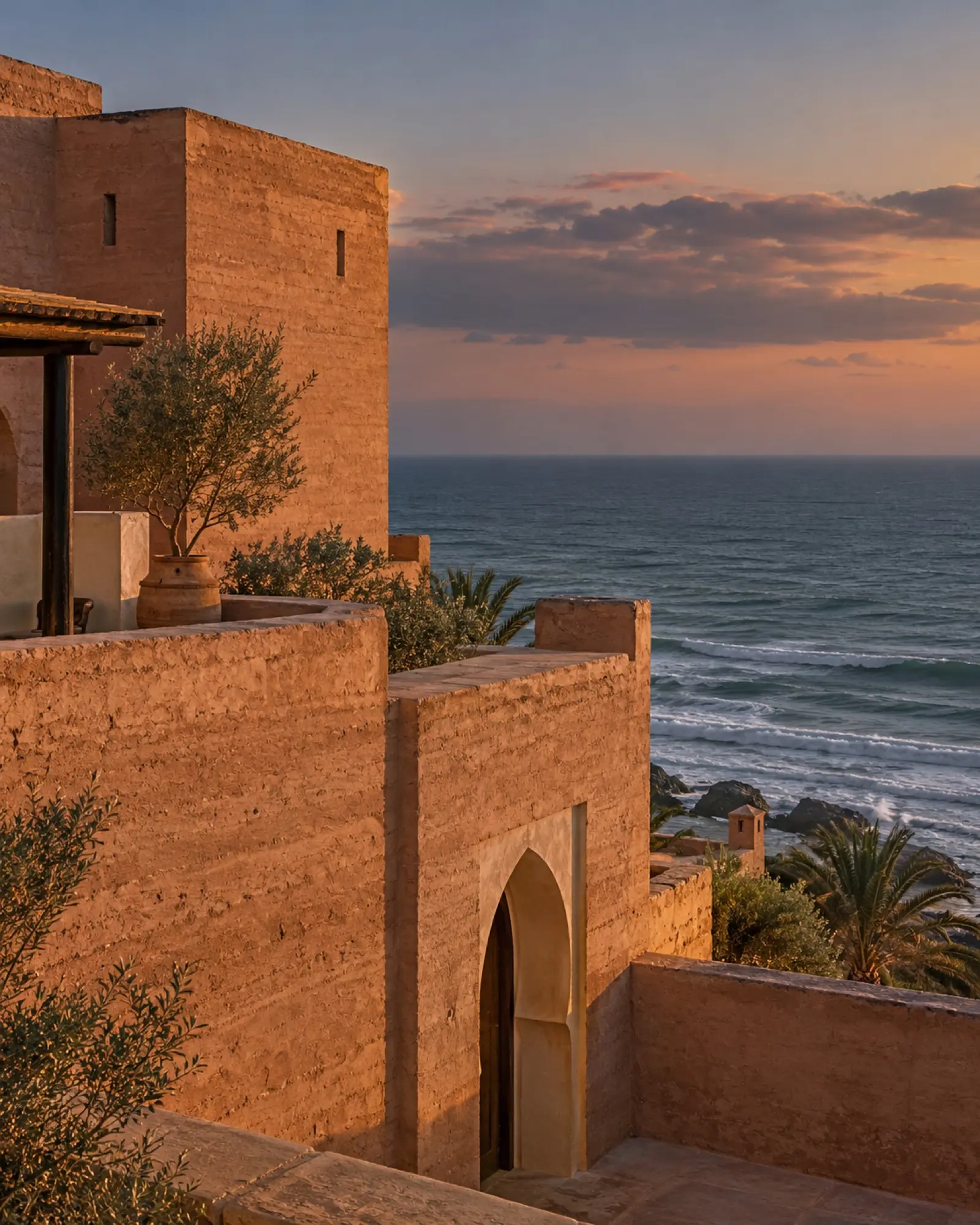 The earthen wall glowing rose above the sea at dusk