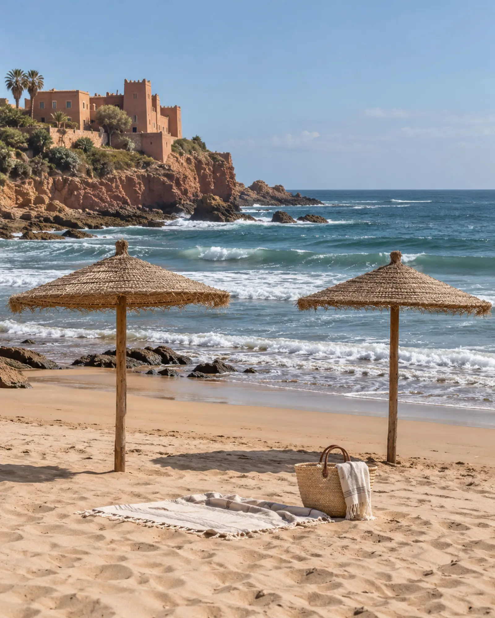 Two straw parasols on the beach below the kasbah