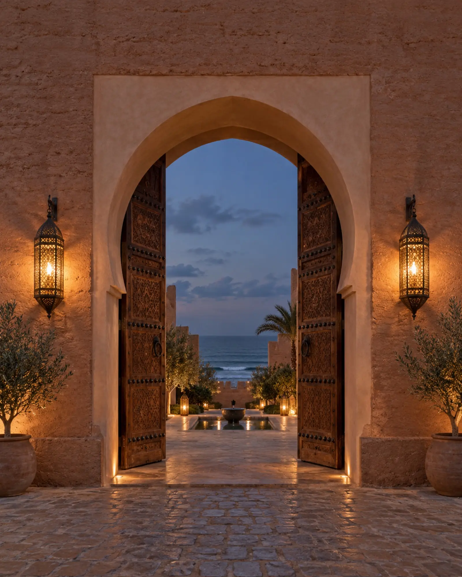 The kasbah gate at blue hour, its cedar doors open and lanterns glowing inside