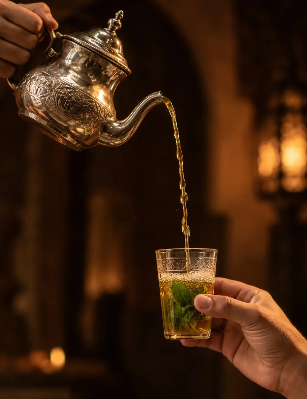 Mint tea poured from a silver pot into a raised glass