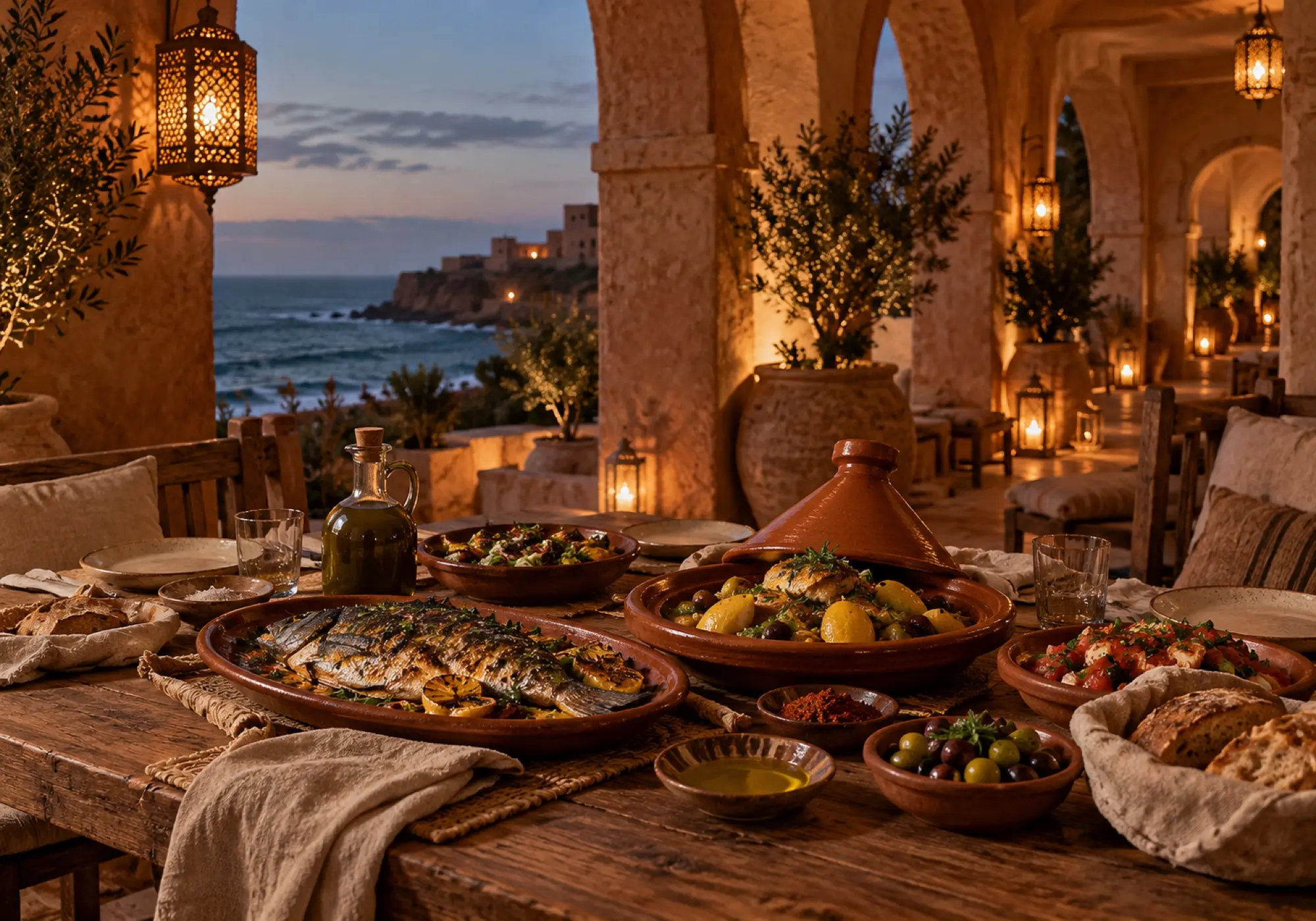 Grilled fish, a lemon tagine and salads in clay dishes under an arcade