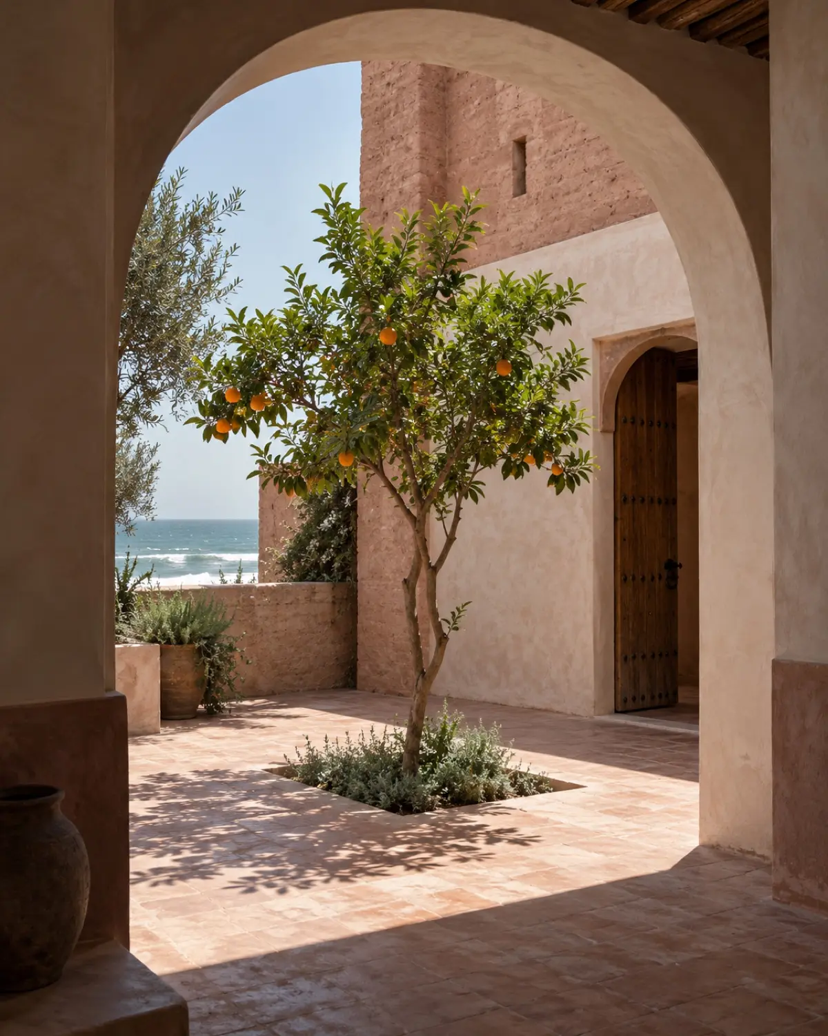 An inner courtyard with an orange tree, seen from a shaded arcade