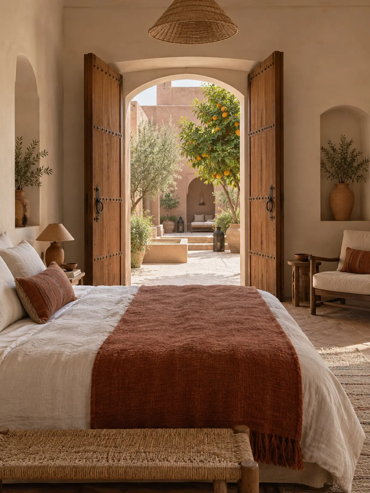 Courtyard Room: Cedar doors open straight onto the orange trees.